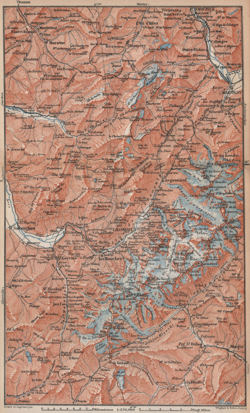 MONT BLANC. Chamonix Courmayeur Argentière Morzine St Gervais Megève 1893 map